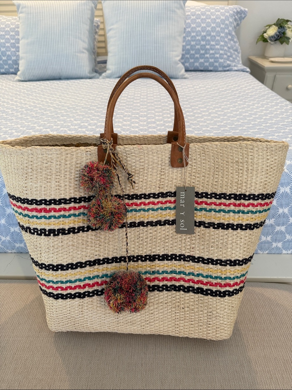 mar y sol Beige Straw Tote with Multicolor Stripes and Pom-Pom Accents